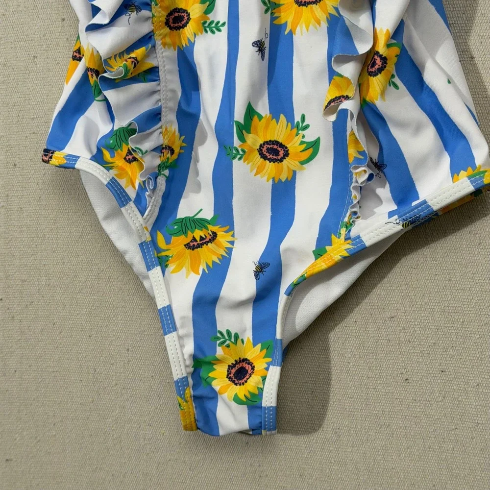Tommy Bahama One Piece Swimsuit Girls 10 Blue Sunflower Ruffle Striped Bee Print